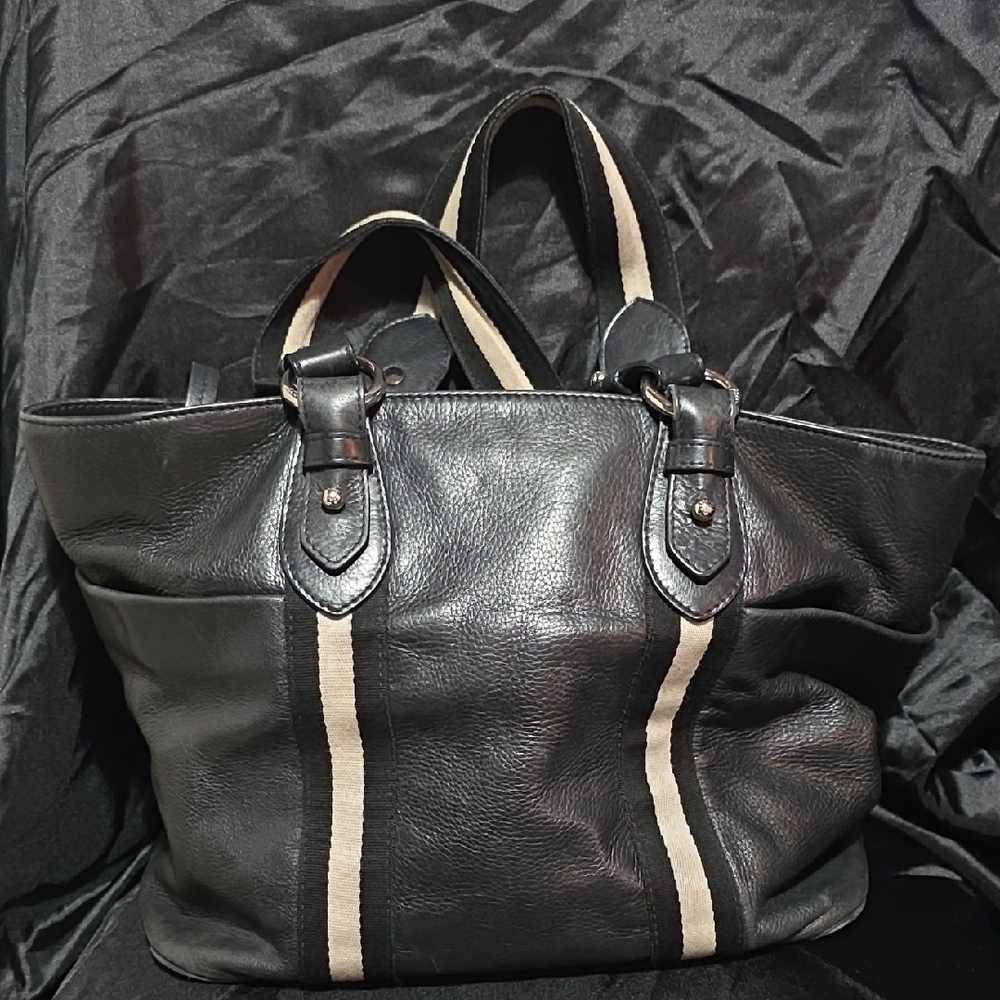 Bally Taline GYHI Black Pebbled Leather Striped Tote Shoulder Bag